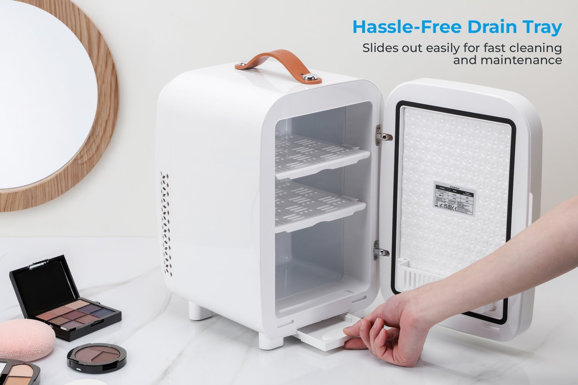 Subcold pro 10l mini fridge in white with tan leather handle and removable drain tray perfect compact 10l mini fridge