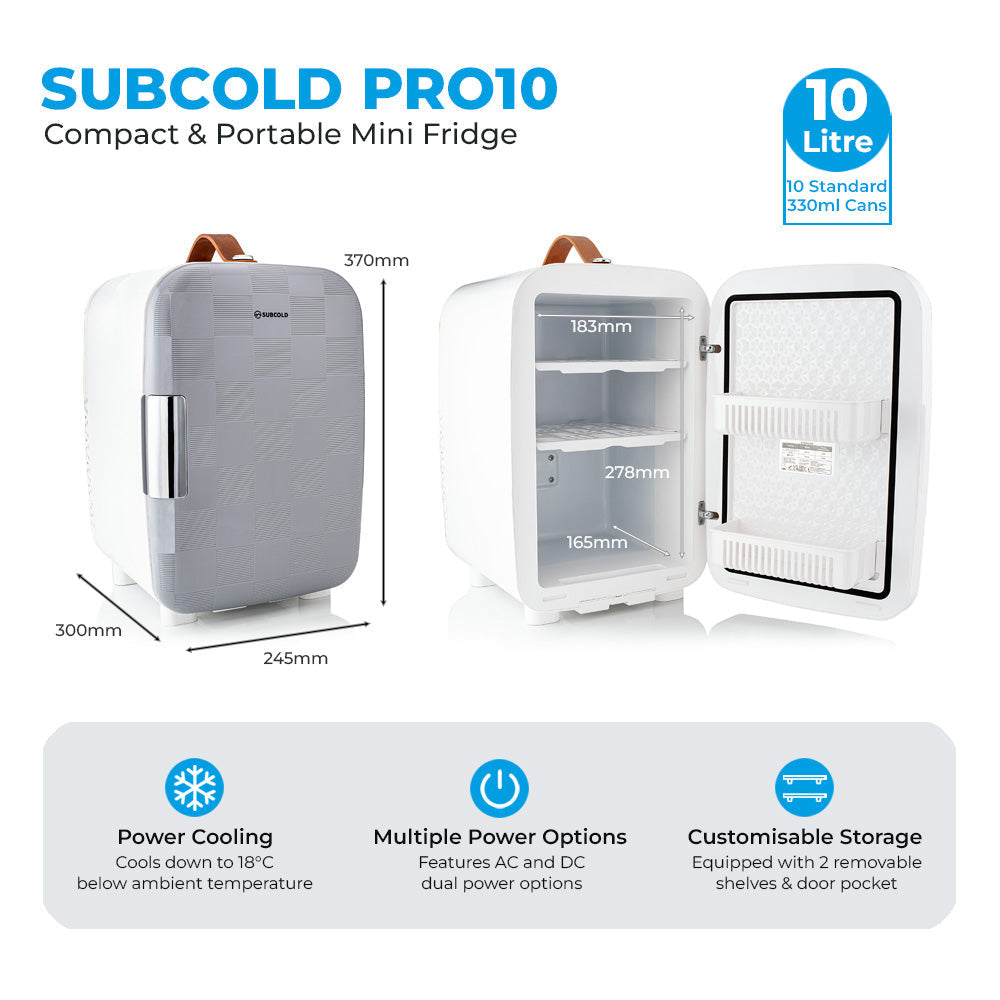 White and gray subcold pro 10l mini fridge with brown leather handle removable shelves and door pocket for storage