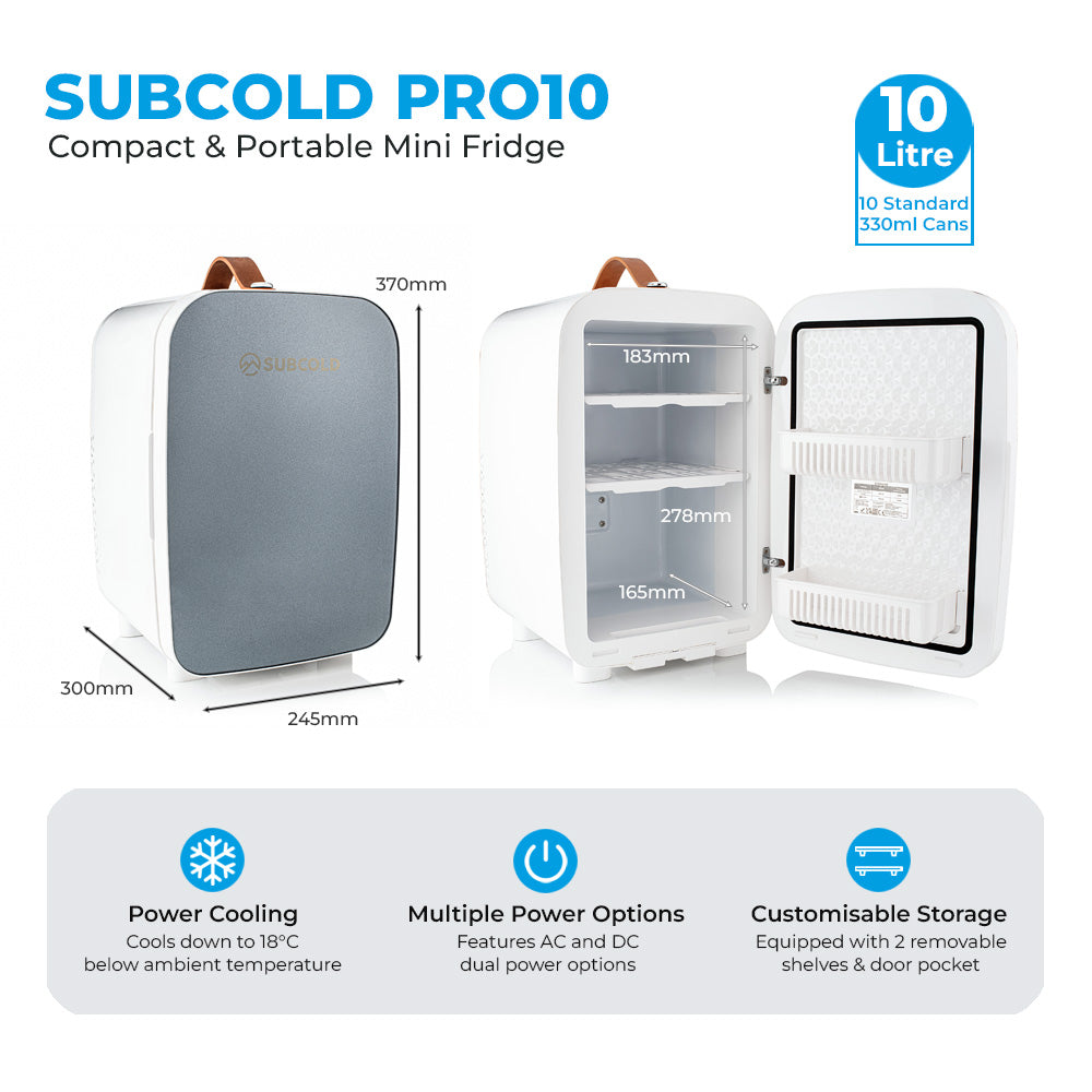 White and gray subcold pro 10l mini fridge with brown leather handle compact portable 10l mini fridge