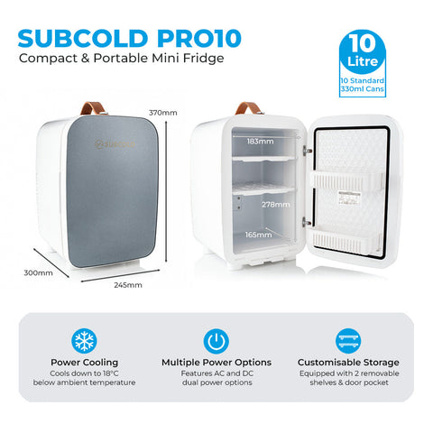 White and gray subcold pro 10l mini fridge with brown leather handle compact portable 10l mini fridge