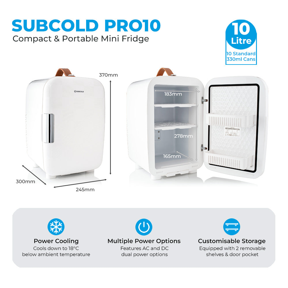 White subcold pro10 10l mini fridge with brown leather and silver handles featuring removable shelves and door pocket