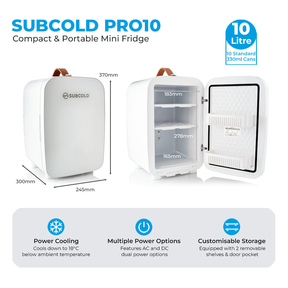 White subcold pro 10l mini fridge with brown leather handle and removable shelves compact 10l mini fridge