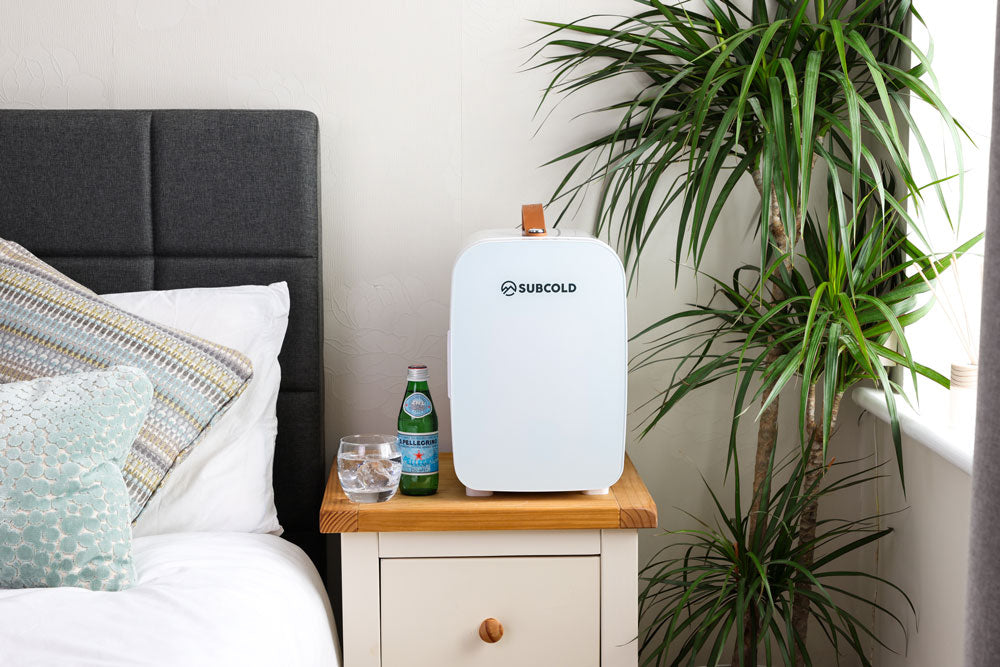 White subcold pro 10l mini fridge with tan leather handle perfect 10l mini fridge for small spaces
