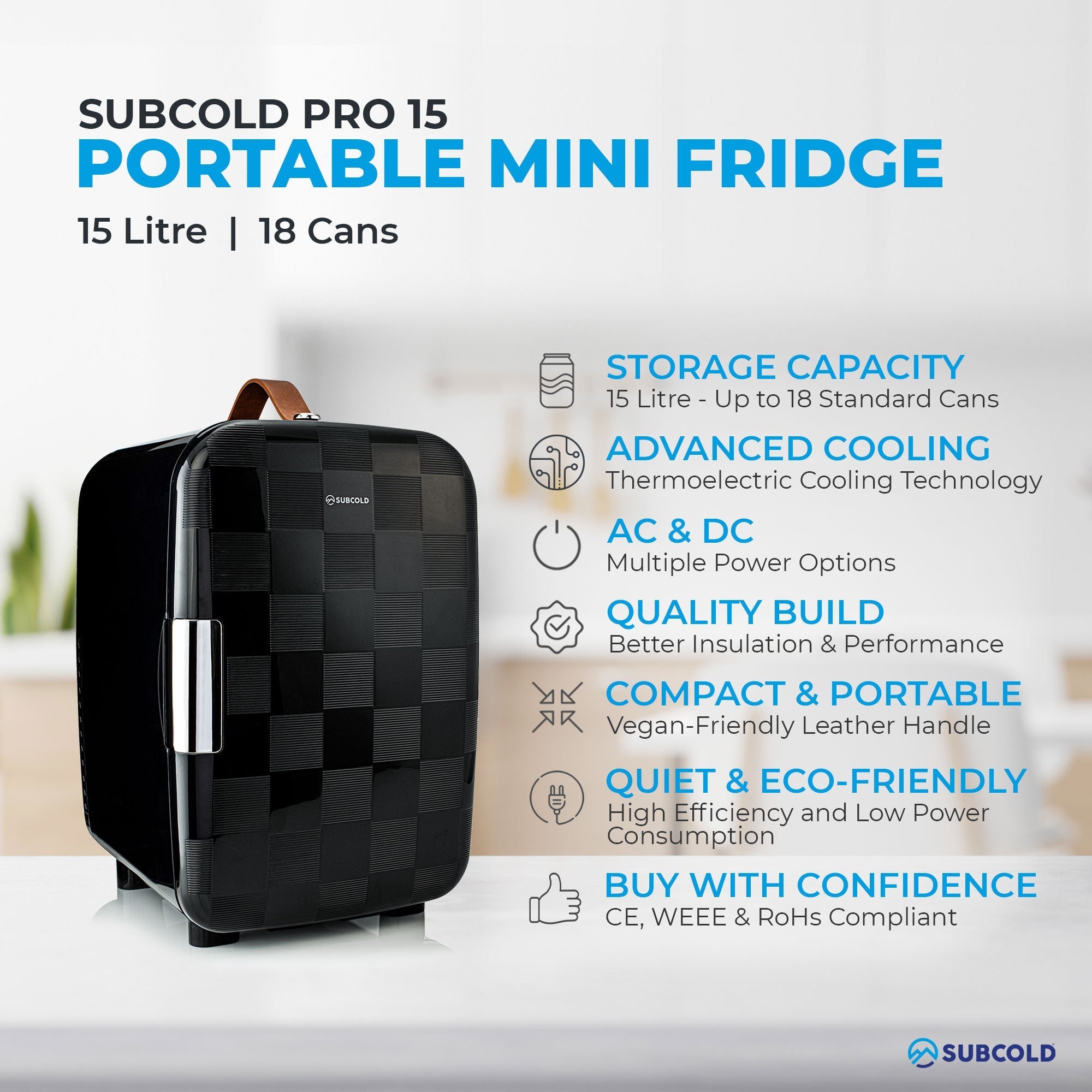 Black subcold pro 15l mini fridge with textured checkered pattern and vegan leather handle perfect for travel