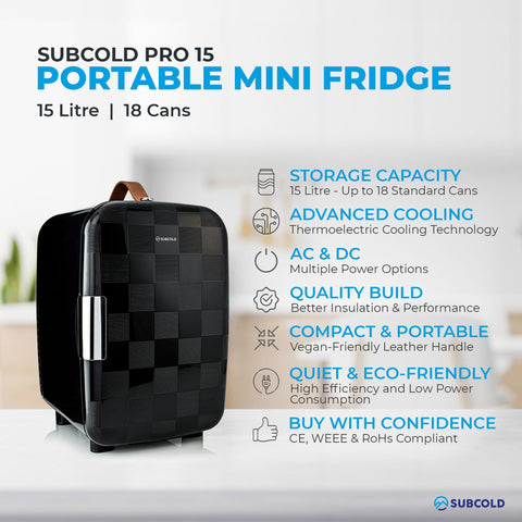Black subcold pro 15l mini fridge with textured checkered pattern and vegan leather handle perfect for travel