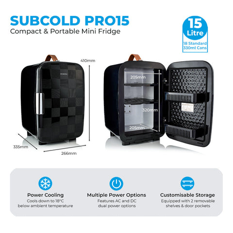 Black checkered subcold pro 15l mini fridge with silver handle and brown leather strap compact design mini fridge