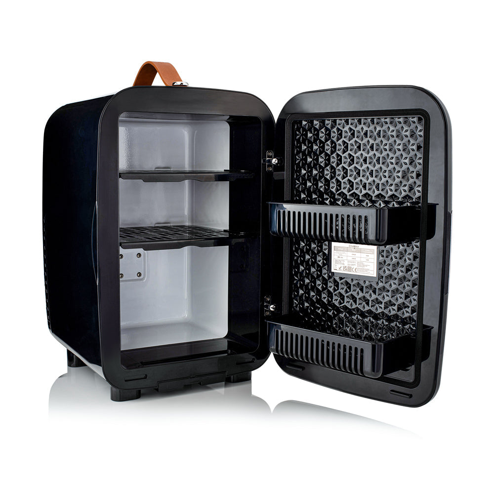 Black Subcold pro 15l mini fridge with brown leather handle and interior shelves perfect for compact cooling