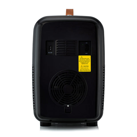 Black plastic Subcold Pro 15L mini fridge with brown handle and ventilation grilles for portable cooling