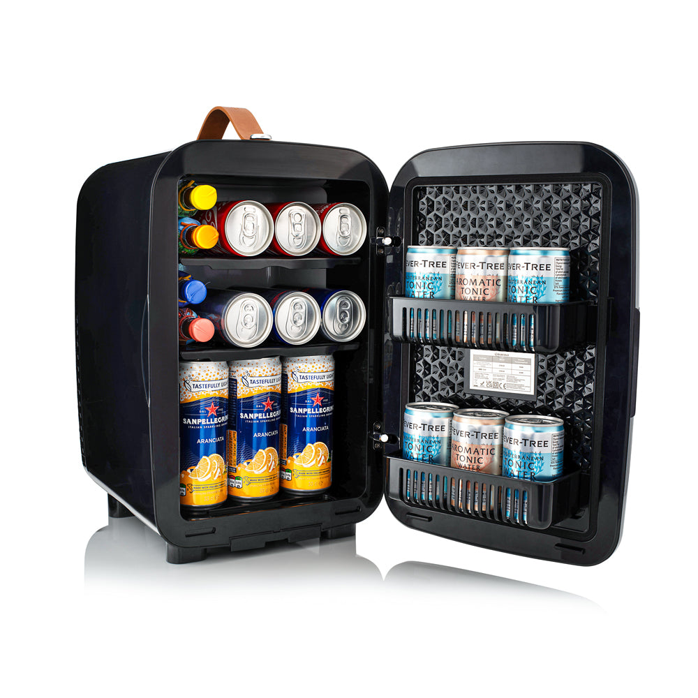 Black subcold pro 15l mini fridge with brown leather handle and shelves holding canned beverages for easy storage