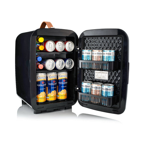 Black subcold pro 15l mini fridge with brown leather handle and shelves holding canned beverages for easy storage