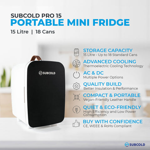 Black and white subcold pro 15l mini fridge with vegan leather handle perfect for portable use and small spaces