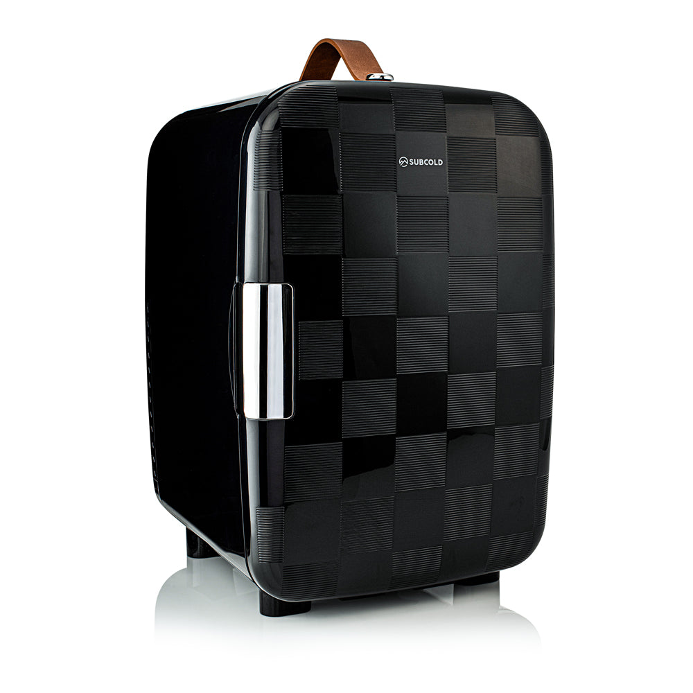 Black checkered subcold pro 15l mini fridge with brown leather handle and silver door handle compact 15l mini fridge