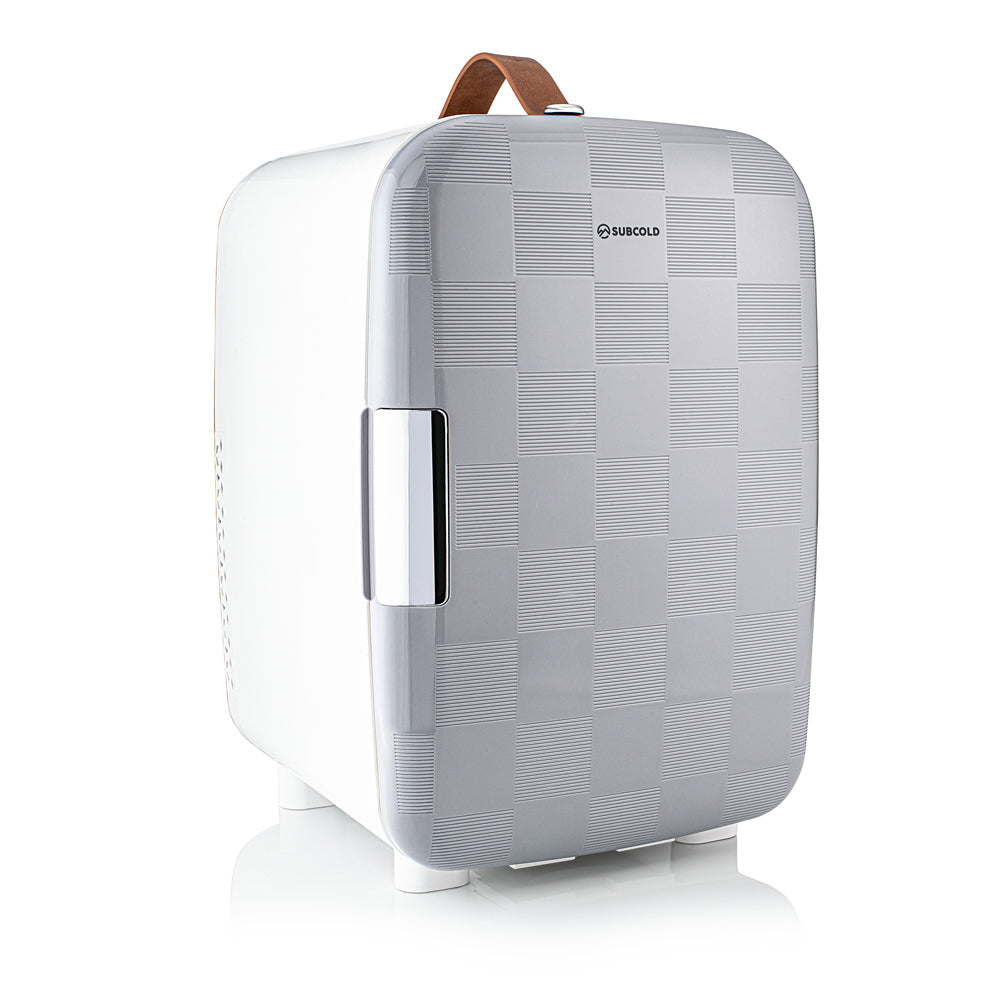 Subcold pro 15l mini fridge silver and white with textured checkered pattern brown leather handle and chrome door handle
