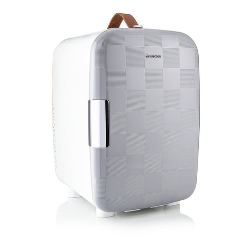 Subcold pro 15l mini fridge silver and white with textured checkered pattern brown leather handle and chrome door handle