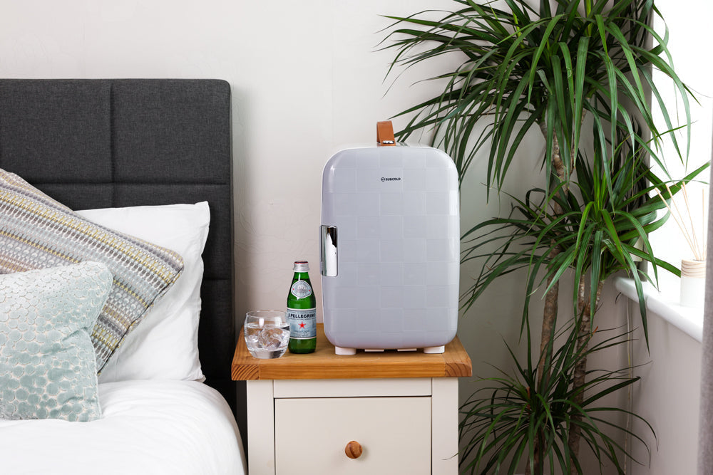 Light gray minimalist pro 15l mini fridge with wooden handle compact design perfect for small spaces