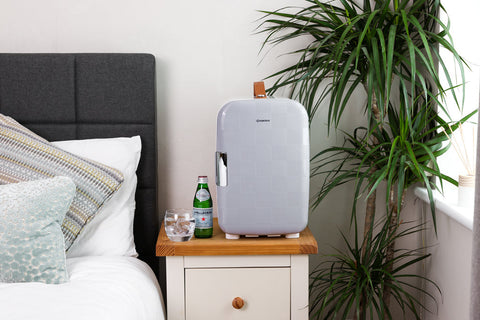 Light gray minimalist pro 15l mini fridge with wooden handle compact design perfect for small spaces