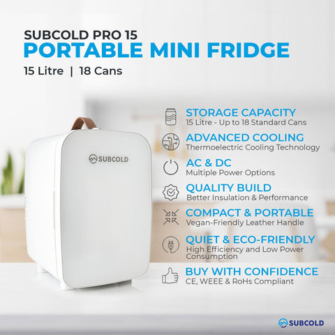 White subcold pro 15l mini fridge with brown leather handle and rounded edges perfect for compact cooling