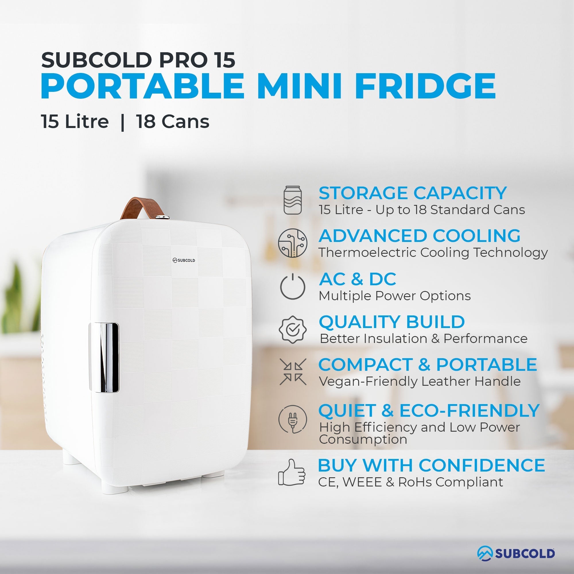 White subcold pro 15l mini fridge with brown leather handle and silver door handle perfect portable mini fridge