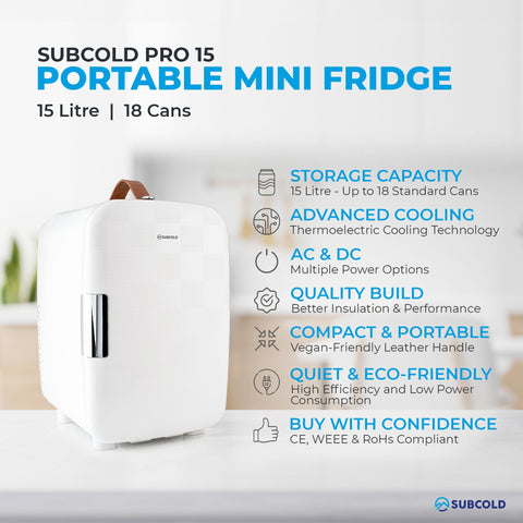 White subcold pro 15l mini fridge with brown leather handle and silver door handle perfect portable mini fridge