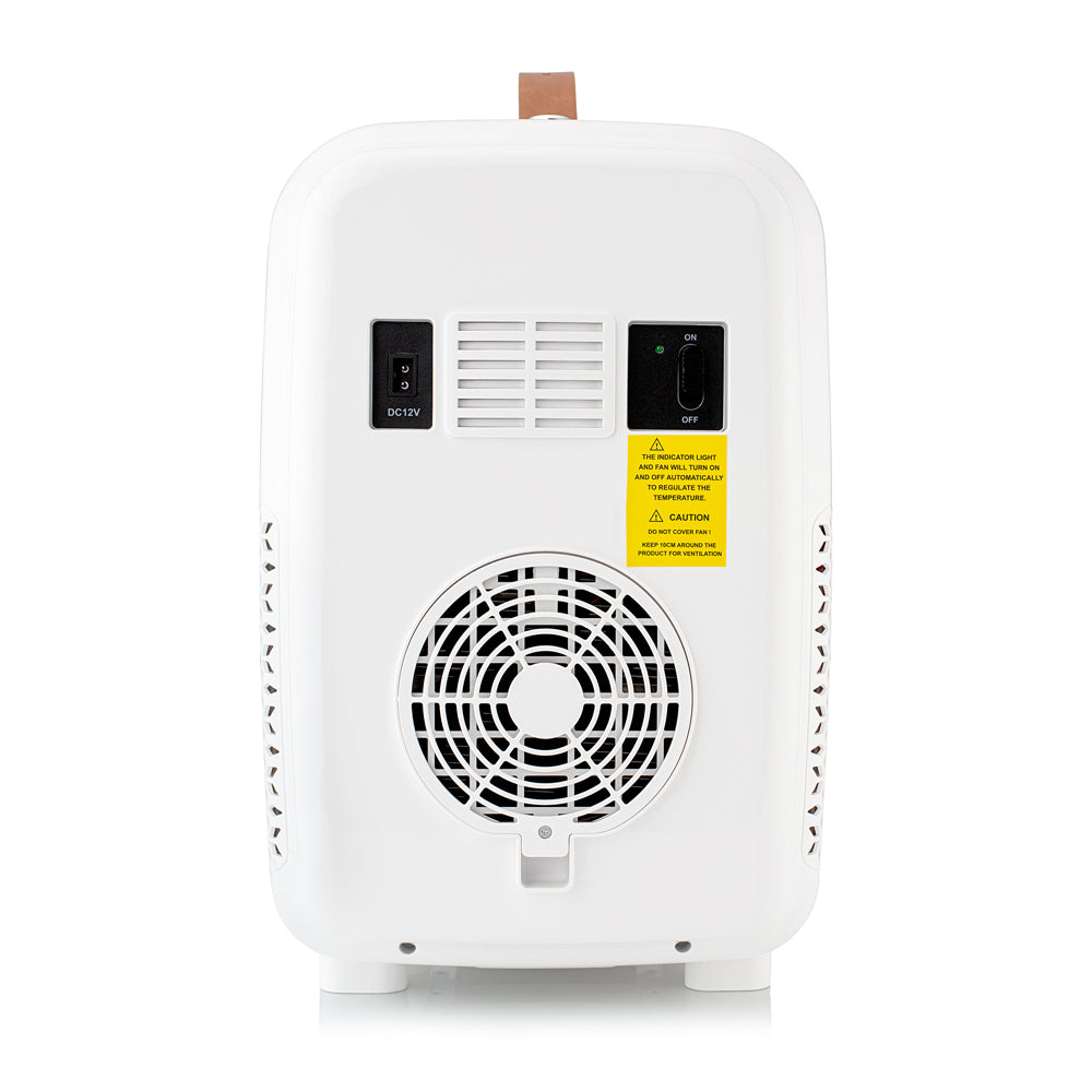 White Subcold Pro 15l mini fridge back with circular fan grille dc12v power input and on off switch compact cooler