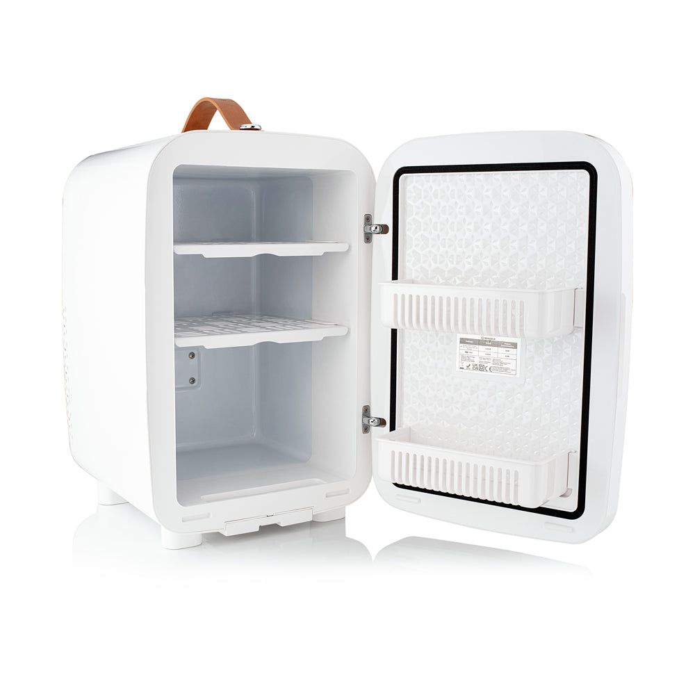White subcold pro 15l mini fridge with brown leather handle and interior shelves compact 15l mini fridge