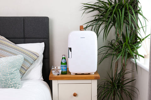 White subcold pro 15l mini fridge with silver handle and brown leather strap perfect compact 15l mini fridge