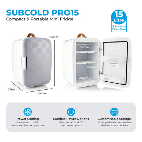 White and gray checkered subcold pro 15l mini fridge with brown leather handle compact and stylish mini fridge