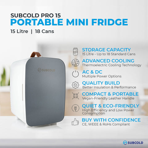 White and gray subcold pro 15l mini fridge with brown leather handle portable 15l mini fridge for easy use