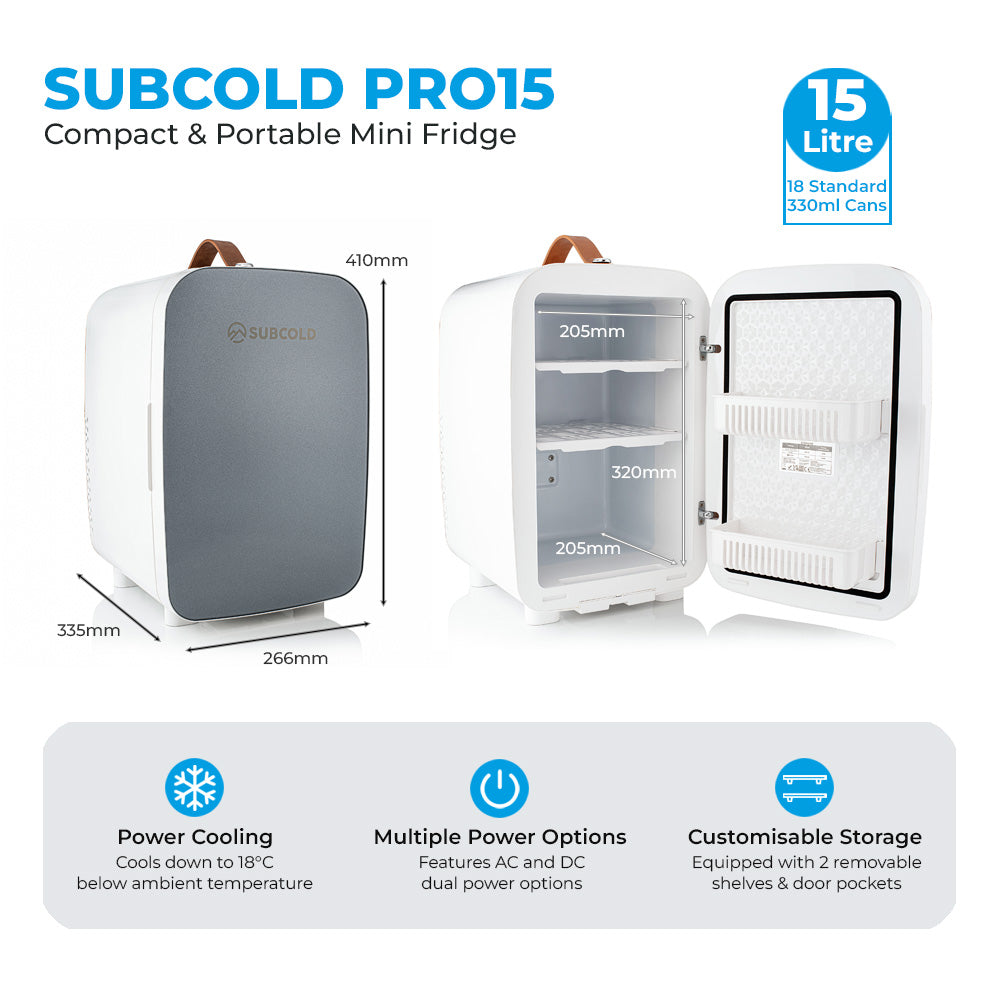 White and gray subcold pro 15l mini fridge with brown leather handle compact and portable mini fridge perfect for small spaces