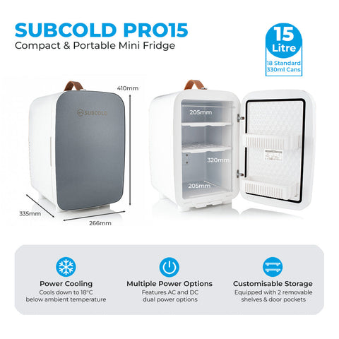 White and gray subcold pro 15l mini fridge with brown leather handle compact and portable mini fridge perfect for small spaces