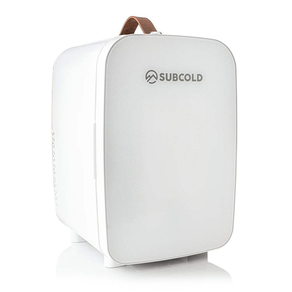 White subcold pro 15l mini fridge with brown leather handle portable 15l mini fridge ideal for small spaces