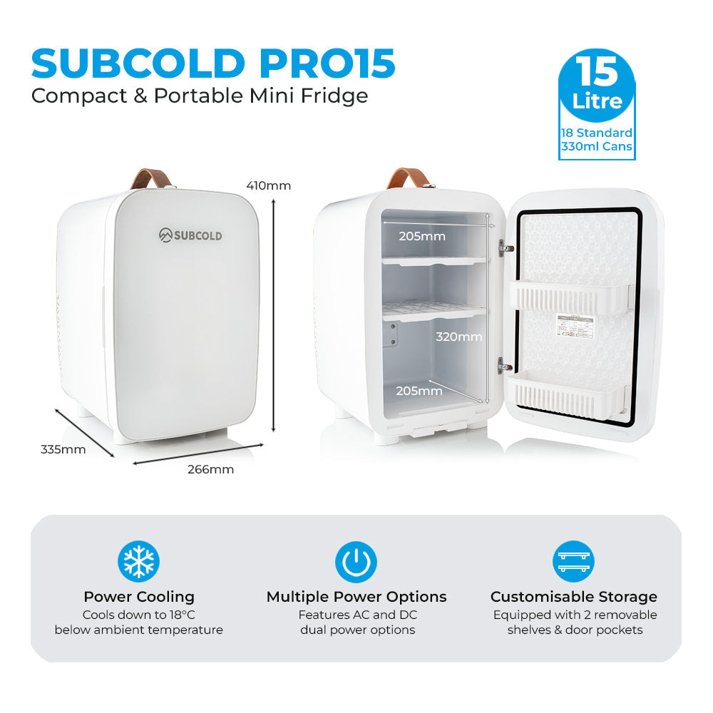 White subcold pro 15l mini fridge with brown leather handle and interior shelves compact and stylish mini fridge