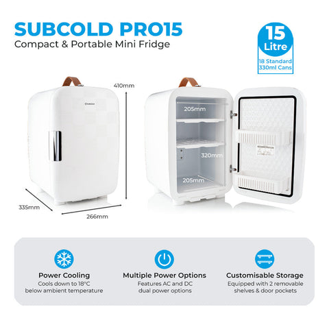 White subcold pro 15l mini fridge with brown leather and silver handles featuring removable shelves and door pockets