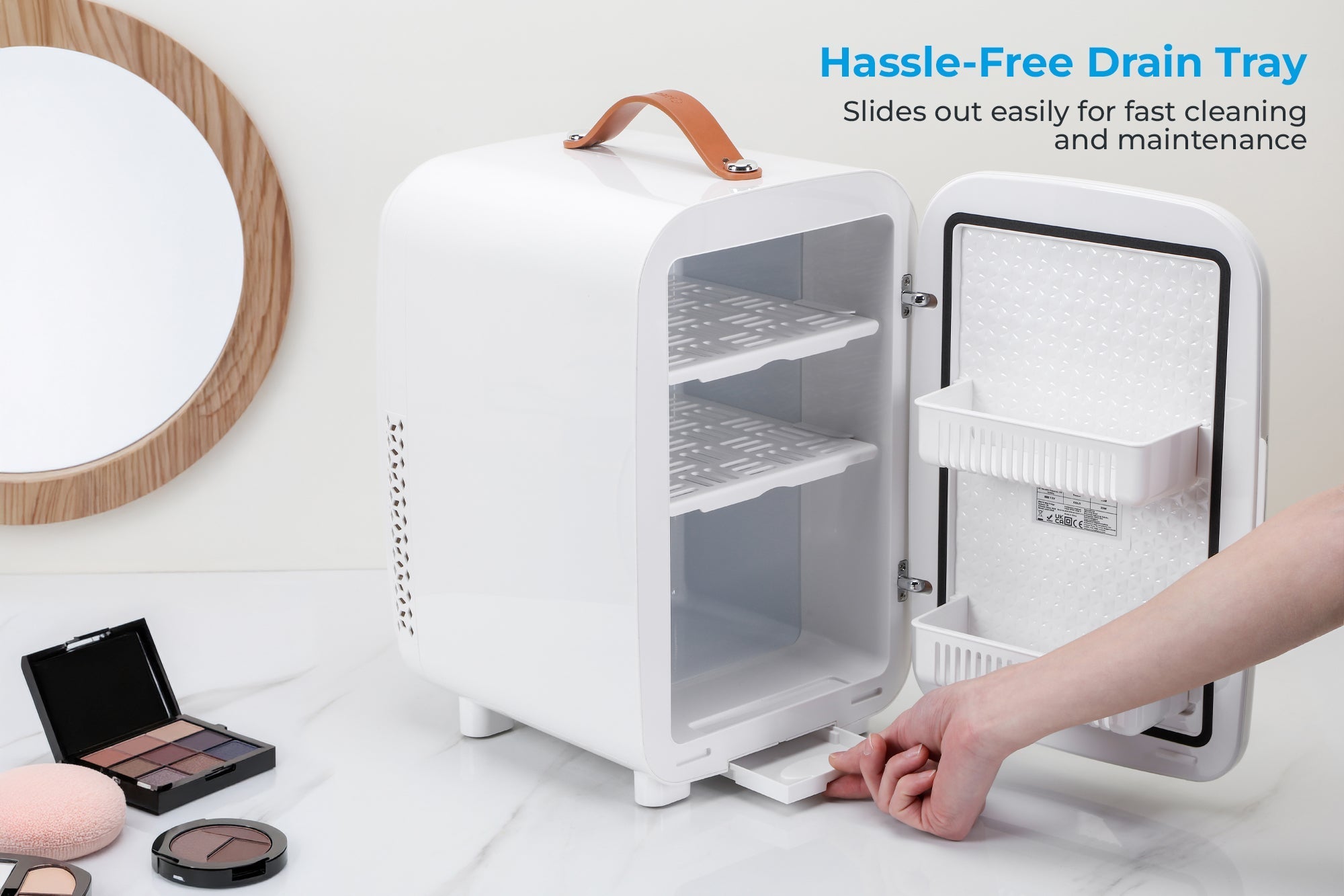 Subcold pro 15l mini fridge in white with brown leather handle and removable drain tray for easy cleaning