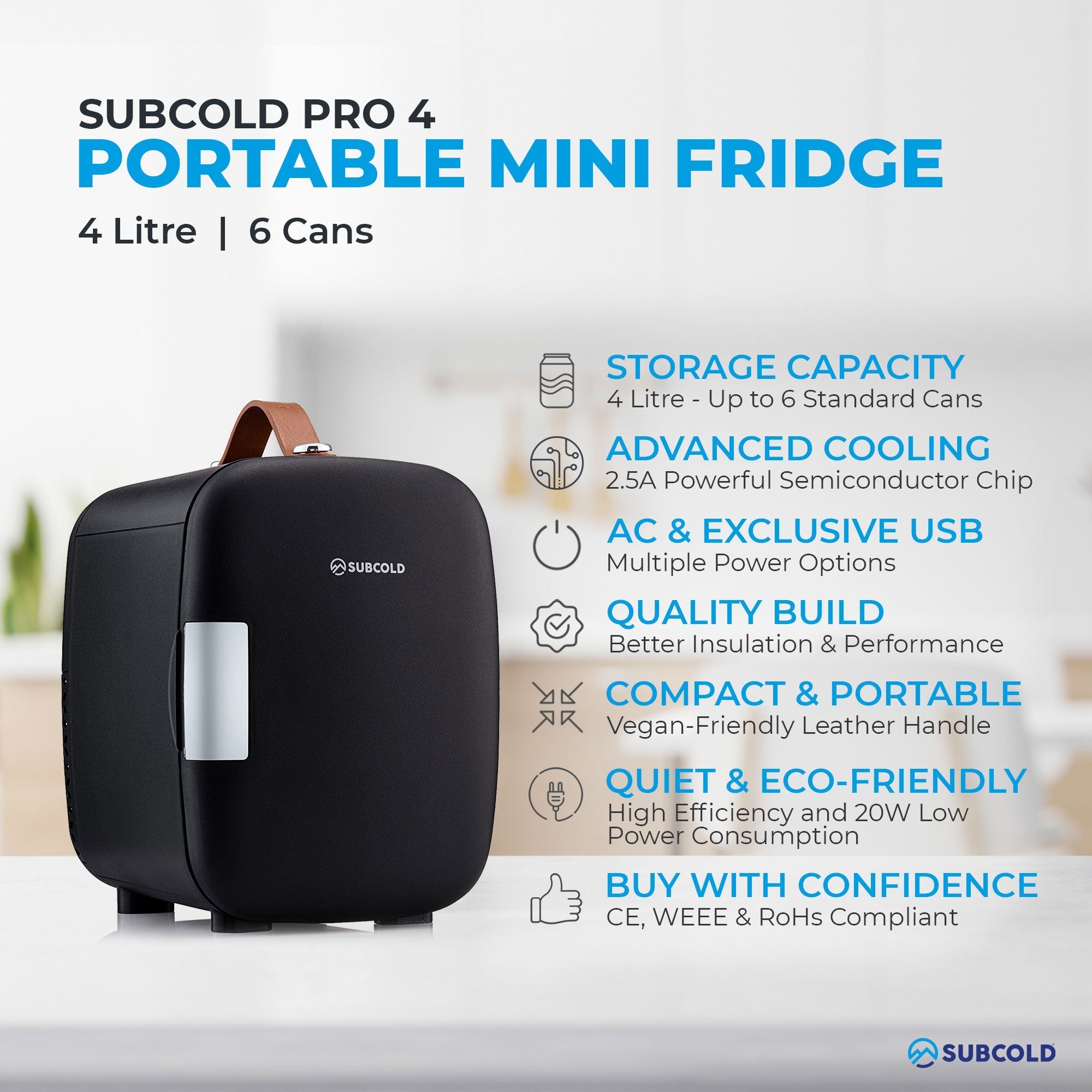 Black subcold pro 4l mini fridge with tan leather handle and silver door panel perfect for portable use