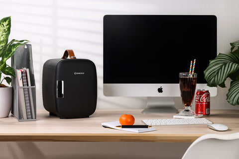 Black subcold pro 4l mini fridge with leather handle and silver door handle for compact cooling needs