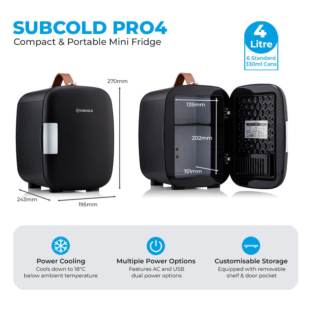 Black subcold pro 4l mini fridge with silver door panel and brown leather handle compact portable design