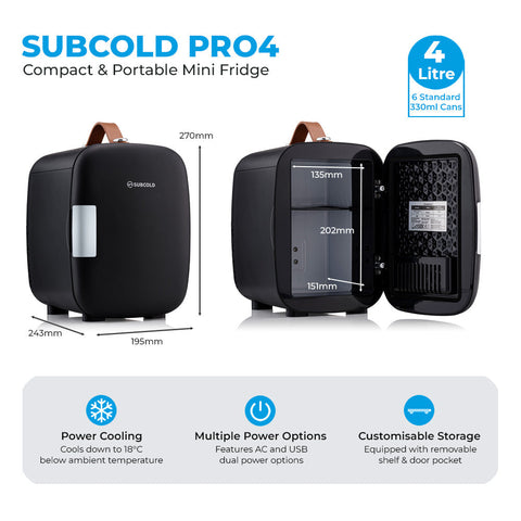 Black subcold pro 4l mini fridge with silver door panel and brown leather handle compact portable design
