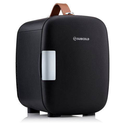 Black subcold pro 4l mini fridge with silver handle and brown leather strap perfect for compact storage