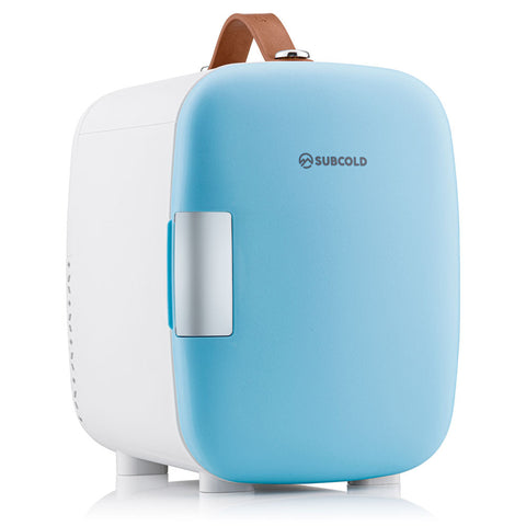 Subcold pro 4l mini fridge in light blue and white with brown leather handle perfect portable mini fridge solution