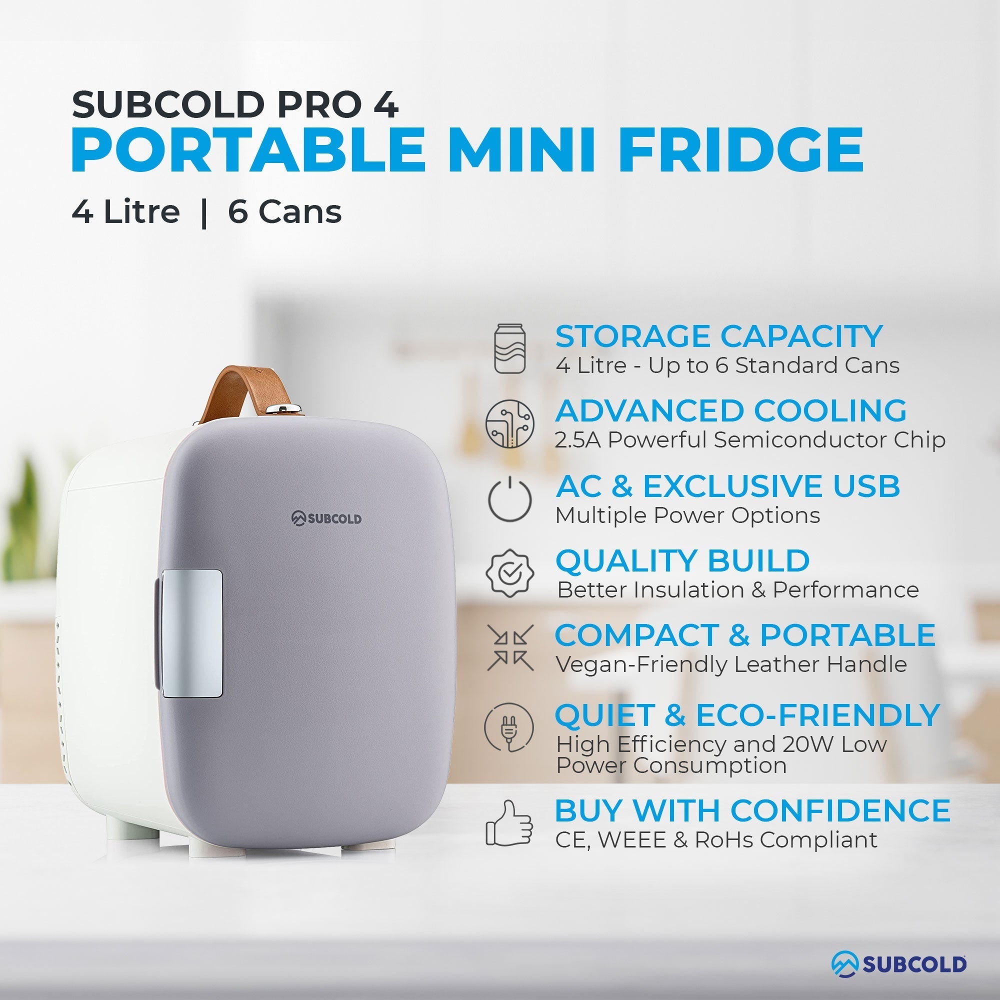Gray and white subcold pro 4l mini fridge with vegan leather handle perfect for portable use and small spaces