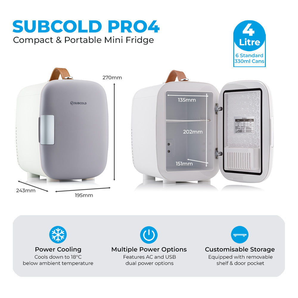 Gray and white subcold pro 4l mini fridge with brown leather handle compact and stylish mini fridge for small spaces