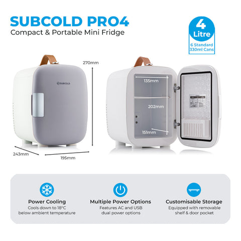 Gray and white subcold pro 4l mini fridge with brown leather handle compact and stylish mini fridge for small spaces
