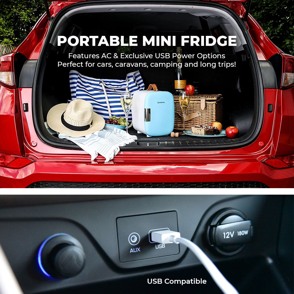 Light blue subcold pro 4l mini fridge with white accents and top handle portable mini fridge for easy use