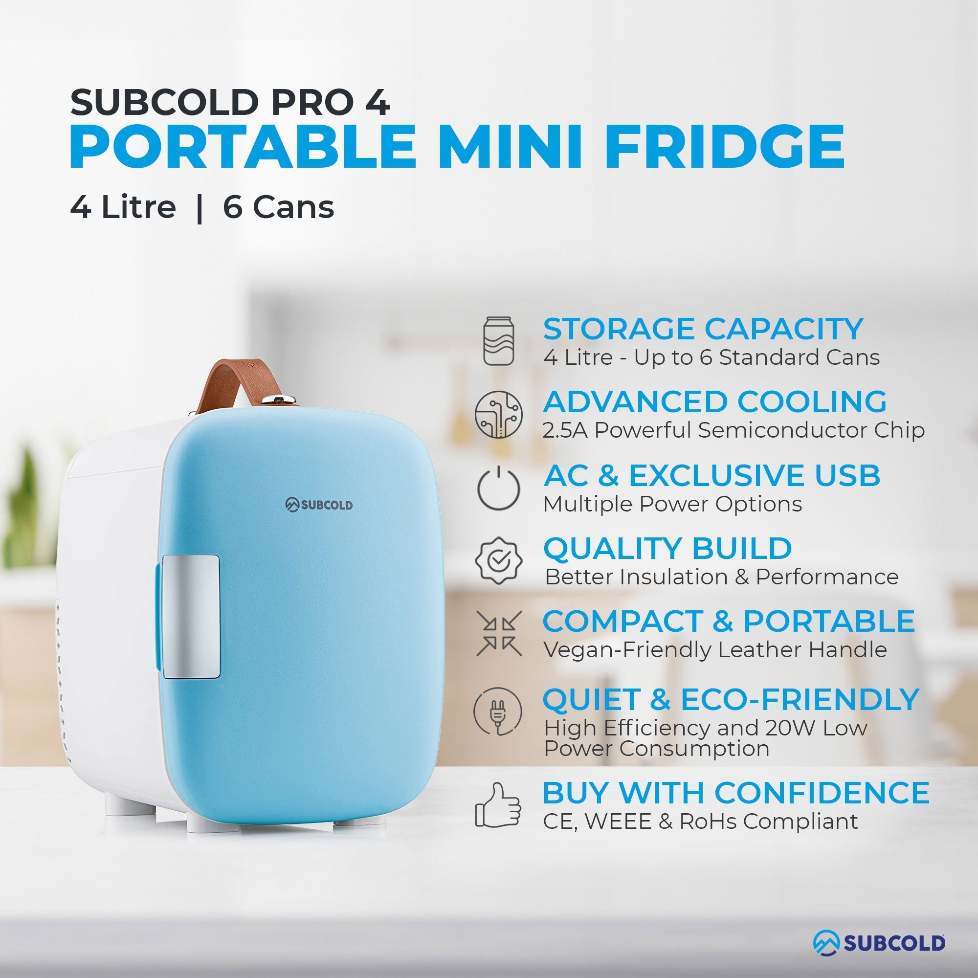 Light blue and white subcold pro 4l mini fridge with a vegan leather handle portable mini fridge perfect for travel