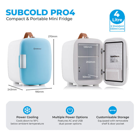 Light blue and white subcold pro 4l mini fridge with brown leather handle compact portable mini fridge