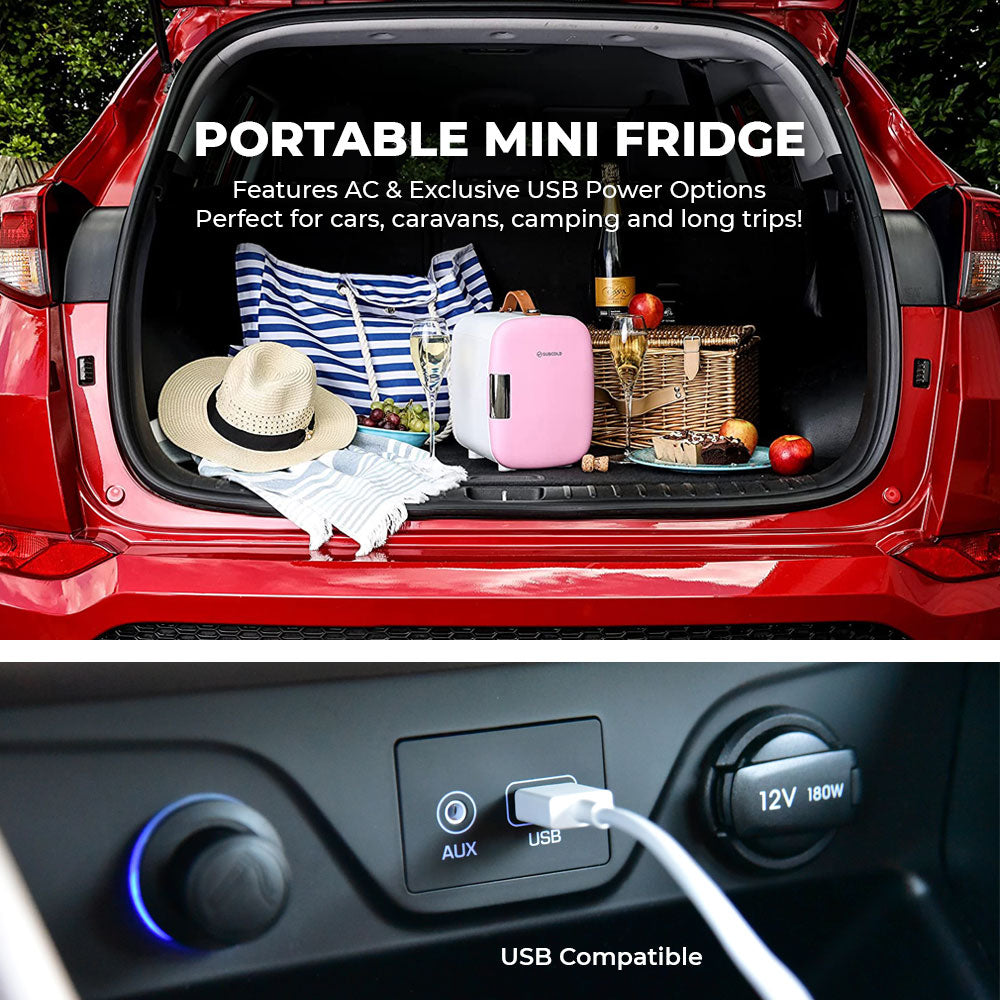 Pink subcold pro 4l mini fridge with white handle and front panel perfect for cars and trips