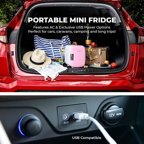 Pink subcold pro 4l mini fridge with white handle and front panel perfect for cars and trips
