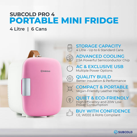 Pink and white subcold pro 4l mini fridge with vegan leather handle perfect for portable use