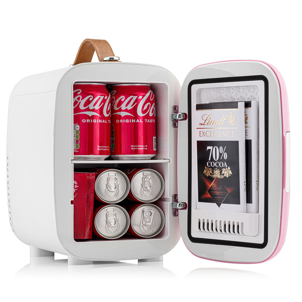 Pink and white subcold pro 4l mini fridge with tan leather handle perfect mini fridge for on the go use